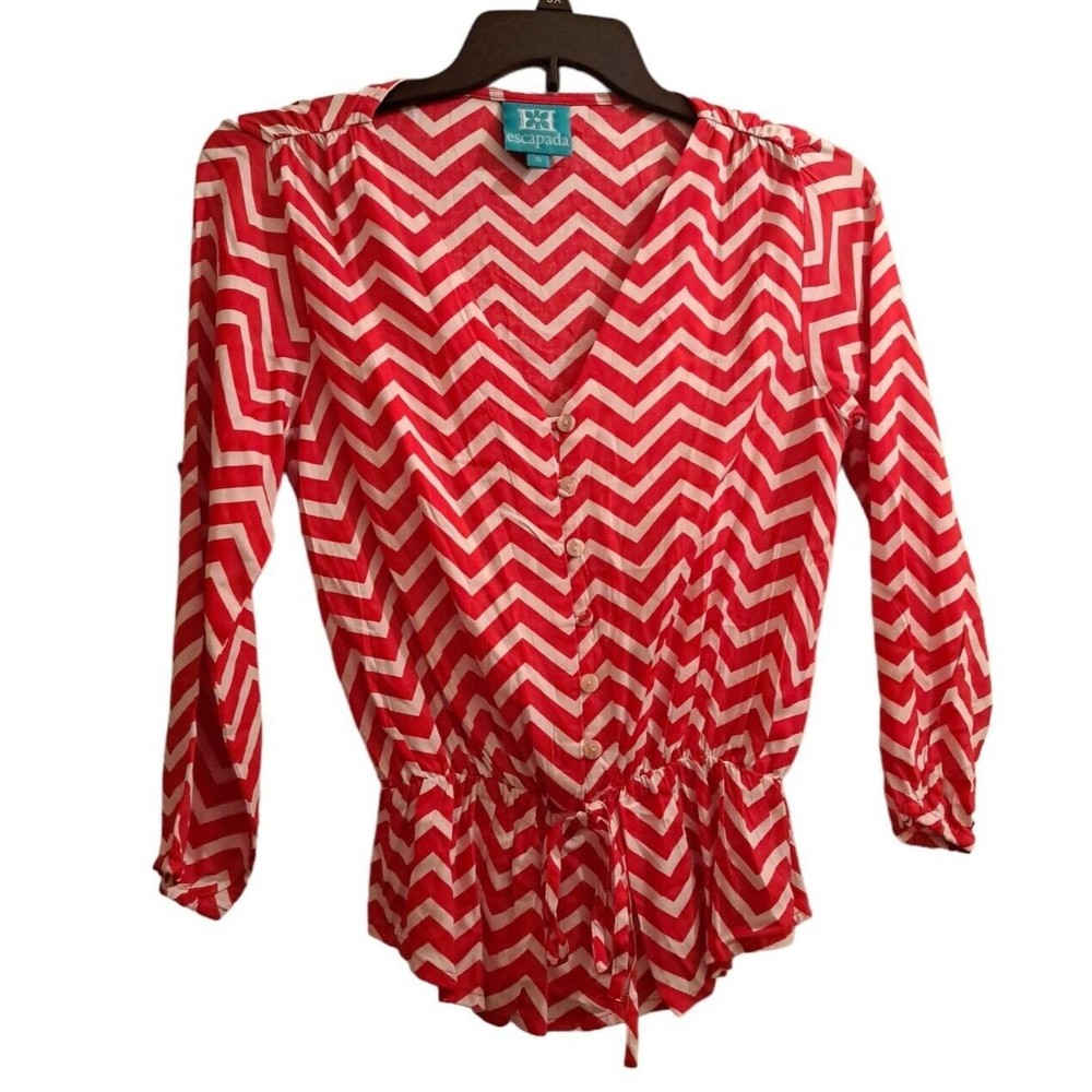 ESCAPADA Size Small Blouse Pink White Chevron Long Sleeve Peplum Button Top